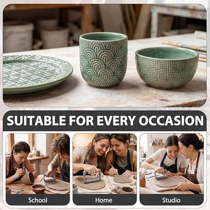 Leriton 9 Pcs Clay Texture Roller Set with Handle, 8-Pattern 3D-Printed Miniature Texture Rollers for Clay, Miniatures, Tabletop, Pottery (Geometric) - style: Geometric