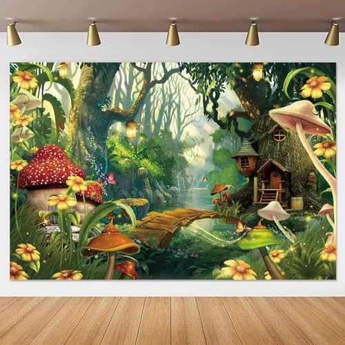 Yeele 9x6ft Enchanted Forest Photo Backdrop Spring Mushroom Wonderland Fairy House Photography Background Girl Room Wall Decorations Birthday Baby Shower Banner Photo Props - size: 9x6ft
