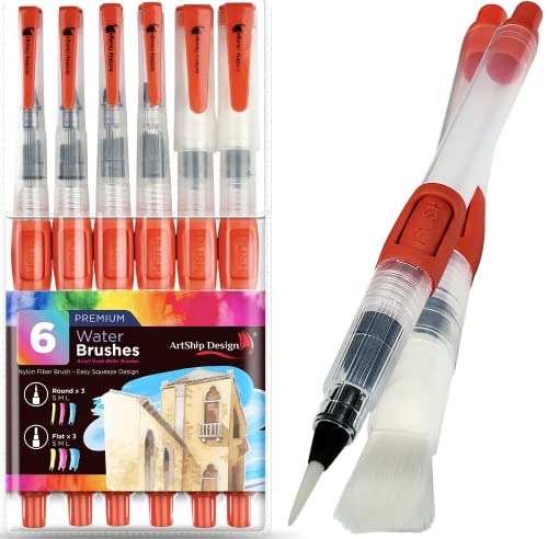 6 Water Brush Pens - Nylon Bristle Tips, Double Pack of Both Flat and Round Shaped Tips in 3 Sizes Each, Water Fillable Self-Moistening for Watercolor, Blending, Ink, Gouache, Aquarelle, Acrylic Paint - color: 6 Water Brushes