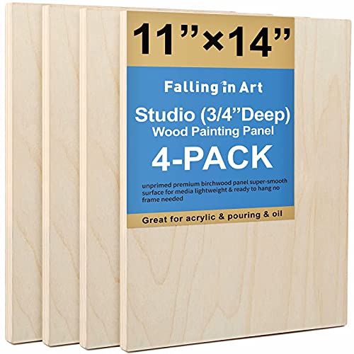 4 Pack 11x14’’ Unfinished Birch Wood Panels Kit for Painting | Studio 3/4’’ Deep Wooden Canvas, Cradle Boards for Acrylic Pouring, Encaustic, Crafts, Epoxy Resin, Laser Engraving Cutting - size: 11'' x 14'' Studio
