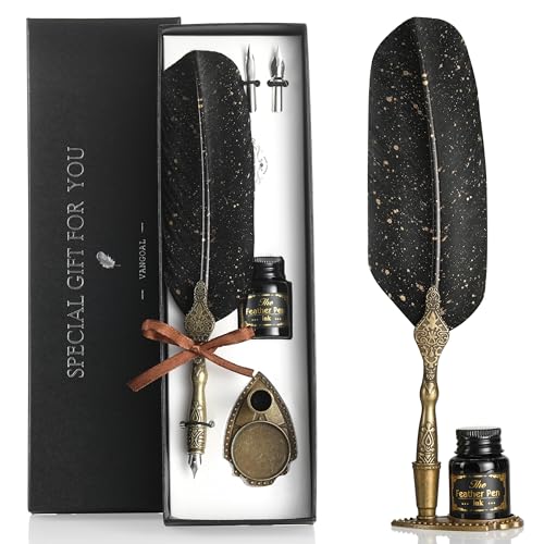 VANGOAL Vintage Black Feather Pen and Ink Set, Classic Series Goose Quill With Carving Stand, Calligraphy Nibs, Black Dip Ink, Antique Writing Gift for Writer - color: Black