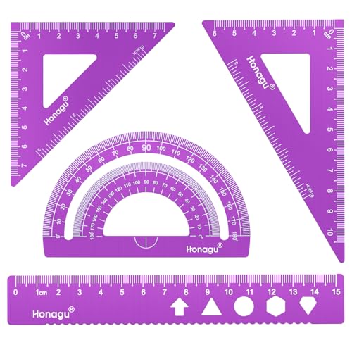 Honagu Triangular Ruler Set, 4 Pieces Aluminum Alloy Ruler, Metal Drafting Ruler, Geometric Protractor for Students,Teacher, Draftsmen, Engineers,Gift Stocking Stuffers for Kids(15cm/5.9inch, Purple) - color: Purple, size: 15cm