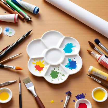 2Pcs White Porcelain Watercolor Palette - Washable Ceramic Paint Tray with Non-Stick Surface | Professional Artist-Grade Mixing Palette for Studio and Outdoor Painting