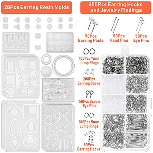 Resin Molds for Jewelry, Paxcoo 678pcs Earring Making Kit with 28pcs Epoxy Molds and 650pcs Earring Hooks, Jump Rings for Pendants, Resin Crafts, DIY Earring