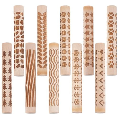 WADORN 10 Styles Wooden Clay Texture Rollers Set for Pottery, 10Pcs Wood Handle Pottery Tools 4.3x0.6'' Clay Textured Rolling Pin Modeling Pattern Roller Kit for DIY Crafts Ceramics Modeling Painting