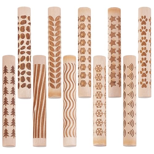 WADORN 10 Styles Wooden Clay Texture Rollers Set for Pottery, 10Pcs Wood Handle Pottery Tools 4.3x0.6'' Clay Textured Rolling Pin Modeling Pattern Roller Kit for DIY Crafts Ceramics Modeling Painting