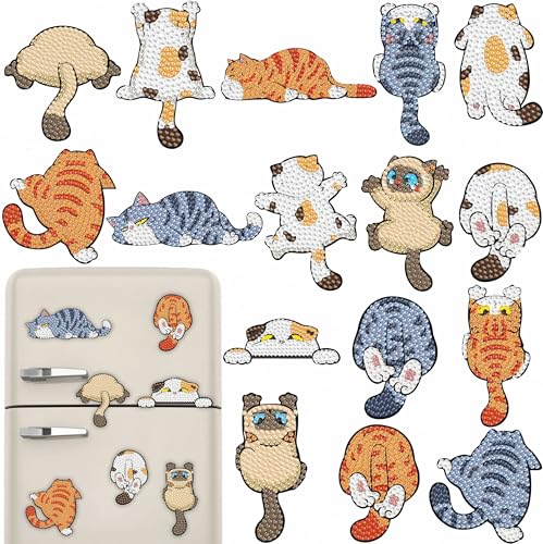 16 Pcs Funny Cat Diamond Painting Magnets Kits Diamond Art Fridge Magnet Refrigerator Sticker Diamond Painting kit for Beginners Adults DIY Art Craft Gifts Home Decors - color: Funny Cat