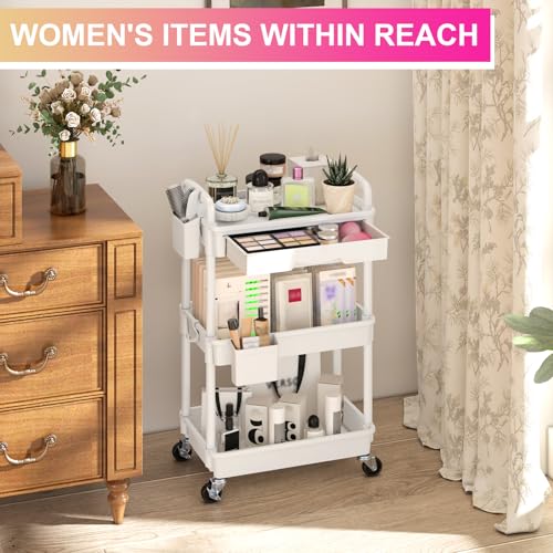 Goovilla 3 Tier Rolling Utility Cart Organizer with Removable Drawer, White | Stable and Sturdy Rolling Storage Carts with 2 Lockable Wheels for Bathroom, Kitchen, Snack, Craft, Makeup, Baby Essentials - size: 3 Tier, style: White