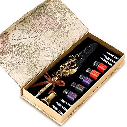 Vintage Punk Quill Pen Ink Set-Mechanical Quill Pen,5 Color Ink Calligraphy Pen Ink Set,6 Replaceable Dip Pen Nibs-Basic Calligraphy Kit-for Beginners and Calligraphy Lovers (Black) - color: Black