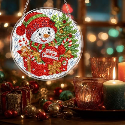 Eiflow Glass Diamond Art Hanging Kit for Adults Christmas, DIY Stained Glass Diamonds Painting Door Hanging Board Kit, Crystal Diamond Art Painting Pendant Ornament Full Drill - color: Snowman