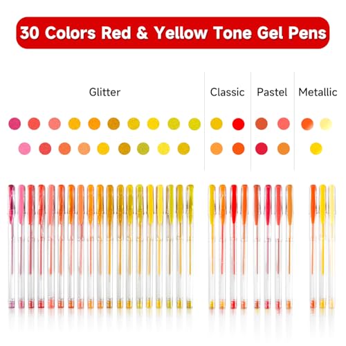 Shuttle Art 60 Pack Red Yellow Tone Gel Pens, 30 Red Orange Yellow Gel Pens with 30 Refills for Adults Coloring Books Journaling Drawing Nature, Landscapes, Animals Scenes - color: 60 Pack Red Yellow Tone