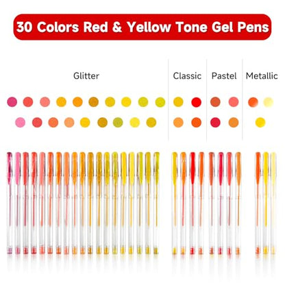 Shuttle Art 60 Pack Red Yellow Tone Gel Pens, 30 Red Orange Yellow Gel Pens with 30 Refills for Adults Coloring Books Journaling Drawing Nature, Landscapes, Animals Scenes - color: 60 Pack Red Yellow Tone