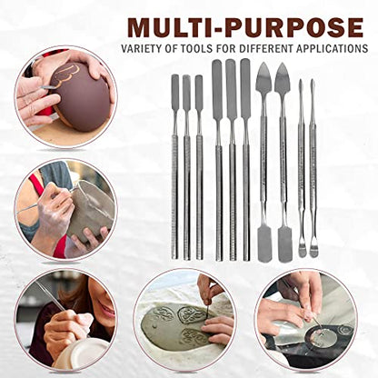 A2ZScilab - 10pcs Stainless Steel Clay Sculpting Spatulas Set, Wax Carving Pottery Tools - Carving Sculpture Shaper Polymer Modeling Tools for Clay, Pottery, Ceramics Artwork & Holiday Crafts