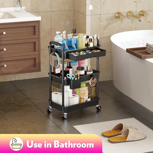SUNALLY Makeup Cart Organizer with Drawer,3 Tier Rolling Makeup Cart, Black - color: Black, size: 3 Tier