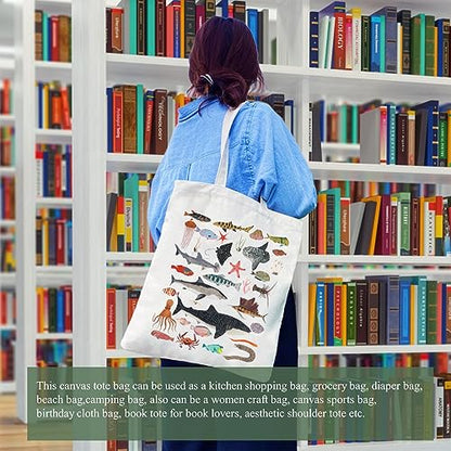 Canvas Aesthetic Tote Bag for Women with Inner Pocket Totes Shoulder Book Bag Shopping Reusable Grocery Bags - color: Sea Life Tote Bag