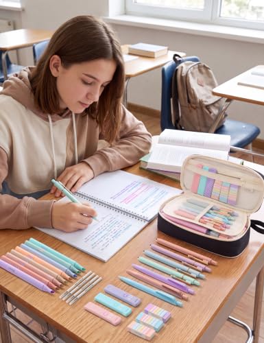 SUNEE Pencil Case with Supplies, 35PCS Aesthetic Stationery Set with Pastel Highlighters, Black Gel Pens, Mechanical Pencils & Refills, College School Supplies for Students, Black - color: Black, style: 35 Pack