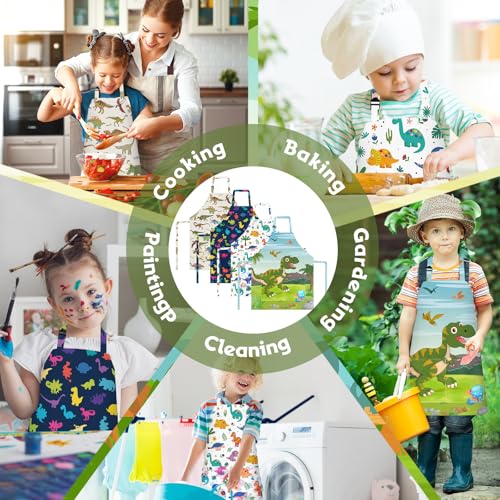 PLULON 4 Pcs Kids Aprons with Pockets Painting Apron for Kids, Dinosaur Kids Apron Adjustable Strap Dino Apron for Painting Cooking Baking Girls Boys Paint Dinosaur Party Supplies, 3-8 Years - color: Multicolor Dinosaur