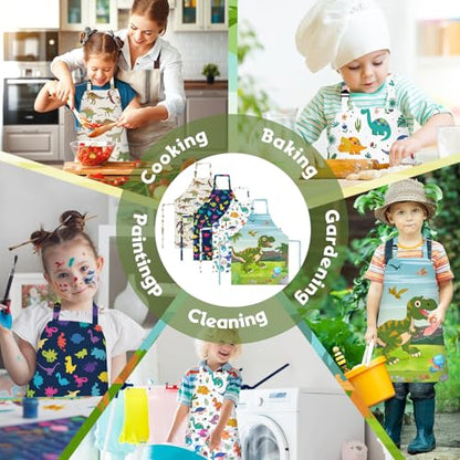 PLULON 4 Pcs Kids Aprons with Pockets Painting Apron for Kids, Dinosaur Kids Apron Adjustable Strap Dino Apron for Painting Cooking Baking Girls Boys Paint Dinosaur Party Supplies, 3-8 Years - color: Multicolor Dinosaur
