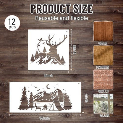 Keluna Forest Wood Burning Stencils - 12 Pcs Mountain Forest Stencils for Painting on Wood, Reindeer Forest Wall Stencils for Painting Large Pattern - style: mountain scenery