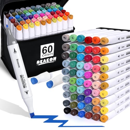 Reaeon Alcohol Art Markers 60 Colors, Dual Tip For Coloring | Chisel & Fine, Permanent Markers for Adult Coloring, Drawing, Sketching, Illustration and Painting, Art Supplie for Artist