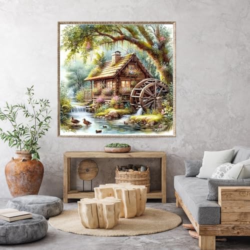 Countryside Diamond Art Kits for Adults, Diamond Painting Kits for Adults for Beginners, DIY Water Wheel Diamond Dots Art Kits, 5D Full Round Drill Gem Art Painting Kits for Home Wall Decor, 14x14in - color: Countryside