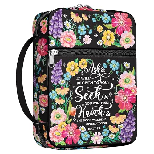 Floral Scripture Bible Cover for Women with Handle and Zipper Pocket, Inspirational Ask Seek Knock Canvas Bible Bag, Fits Standard Size, Christian Gift for Bible Study and Church Use - color: Faith Study Organizer