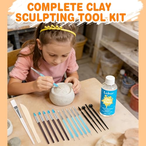 17PCS Silicone Clay Sculpting Tools, Dual-Ended Dotting Tools Set with 1.7 FL OZ Air Dry Clay Glaze for Pottery, Ceramic Modeling, Rock Painting, Art Blending - Ideal for Adults & Kids DIY Crafts