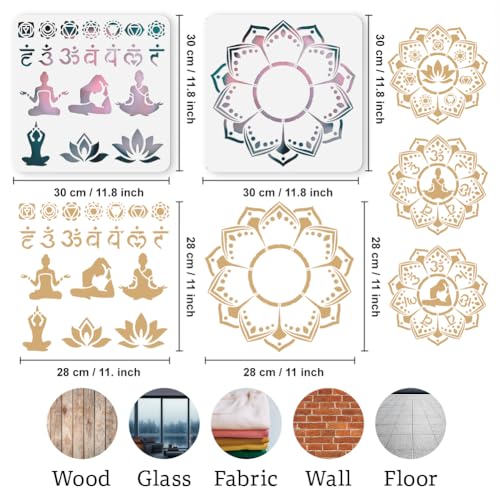21 Styles Chakras Yoga Stencils for Painting, 11.8"x11.8" Reusable Free Combined Stencil Drawing Templates, Mandala Flower DIY Craft Paint Templates for Wall Home Decor Canvas Journal Card - style: Yoga