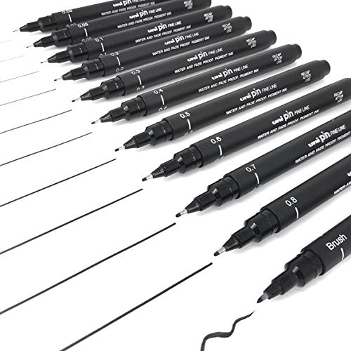 Uni Pin Fineliner Drawing Pen - Complete Set of 11 Grades - Black Ink