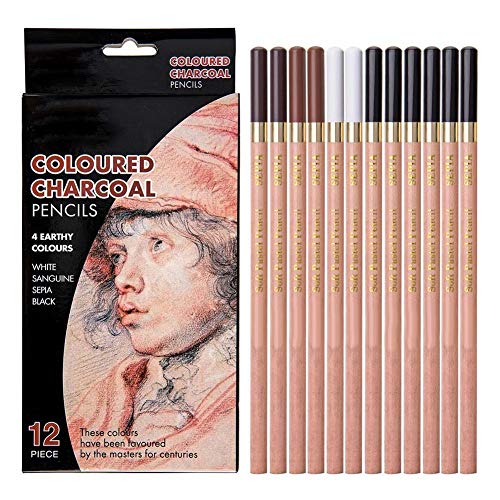 hong 12PCS 4 Colors Sketching Pencils Wooden Charcoal Drawing Pencil Art Supplies with Gift Box for Art Students, Beginners, Professional Painter, White/Sanguine/Sepia/Black Charcoal Pencils