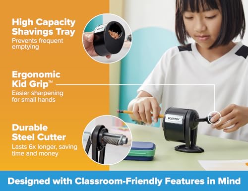 Bostitch Office Wall Mount Manual Pencil Sharpener, 8 Hole Dial, 6X Longer Cutter Life, Vertical or Horizontal Mounting, Black