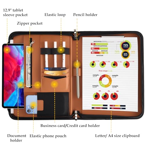 ProCase Portfolio Business Padfolio Folder with Zipper -Tan | Conference Meeting Executive File Legal Document Organizer with Pockets Letter Size A11 Writing Pad Notepad Padfolio - color: Tan