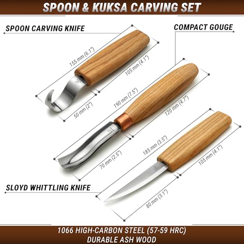 BeaverCraft Wood Spoon Carving Tools Kit S14m – Wood Carving Knives for Beginners & Professionals – Whittling Knives Set with Hook Knife, Sloyd Knife and Bowl Gouge for Woodworking & Crafting