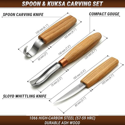 BeaverCraft Wood Spoon Carving Tools Kit S14m – Wood Carving Knives for Beginners & Professionals – Whittling Knives Set with Hook Knife, Sloyd Knife and Bowl Gouge for Woodworking & Crafting