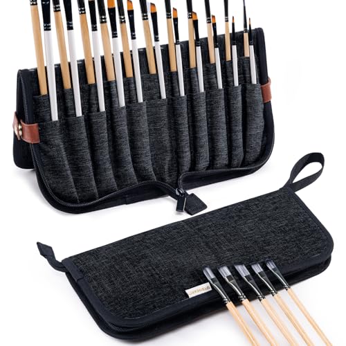 Paint Brush Holder Case for Artists with 22 Slots, Brush Organizer with Pop-Up Stand, Travel Paintbrush Storage Bag for Acrylic Oil Watercolor, Zippered Art Brush Cover (Brushes Not Included) - color: Black, size: Large 6*13.5"