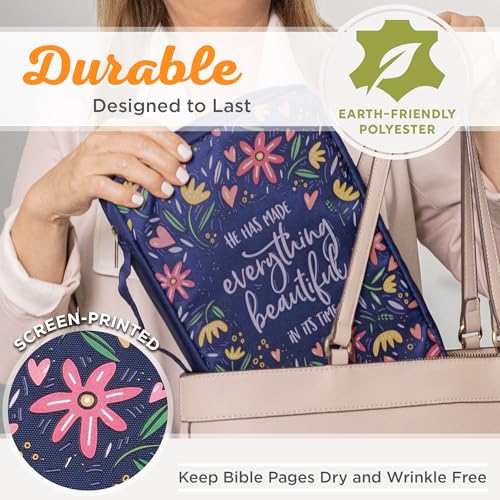 Christian Art Gifts Men/Women's Bible Cover Everything Beautiful Ecclesiastes 3:11, Blue Floral Canvas, Large - color: Blue/Everything Beautiful, size: Large