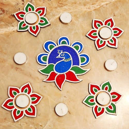 DIY Wooden MDF Rangoli KIT with Rangoli Colors | Tea Light Rangoli KIT| Rangoli Powder,Diwali Decorations, 3 D Rangoli Stencils (Peacock Rangoli kit Set of 5) - style: peacock rangoli kit set of 5