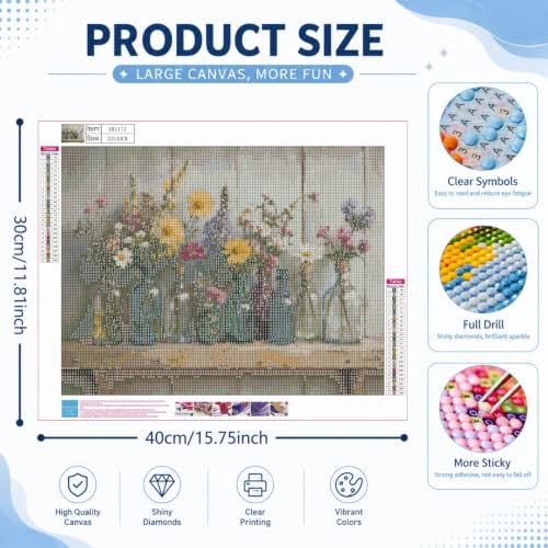 DOTSTART Wildflower Bottles Diamond Art Kits for Adults, Full Drill Gem Art | Rustic Country 5D Diamond Painting Kit for Craft Lovers, Art Gift for Home Wall Decor and Relaxing Hobby, 15.75x11.81 Inch - color: KM1173-1