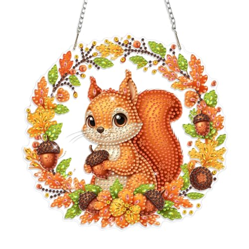 Fall Diamond Art Hanging Ornaments Kits for Adults, Autumn Squirrel Diamond Painting Pendant Kits, DIY Acrylic 5D Special Shaped Crystal Gem Art Painting Ornament for Home Decor Thanksgiving 8x8Inch - color: AS102