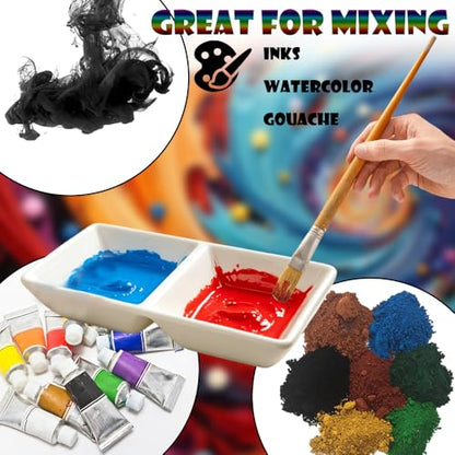 2 Pack Ceramic Paint Palette 2 Well Watercolor Painting Mixing Palette Dish for Watercolor Acrylic Oil Paint Studio Outdoor Use