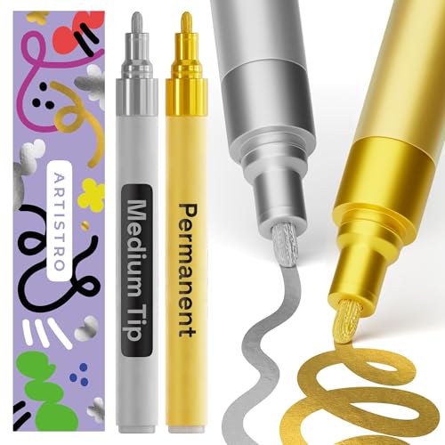 ARTISTRO 2 Gold & Silver Permanent Marker - Waterproof Markers for Tire, Fabric, Rocks, Glass, Ceramic, Wood, Paper - Oil Based Paint Pens - Medium Tip 3mm - color: Silver & Gold, style: Medium Tip