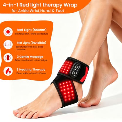 Red Light Therapy Wrap with Heating Vibration for Ankle Foot Wrist | Relieve ankle wrist, hand & foot pain,660nm Red & 850nm Infrared Light,3‑Level Heating | 3 Vibration Modes,3000mAh Battery