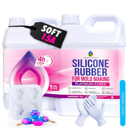 Craft Resin Fast-Curing Soft Silicone Mold Making Kit, Shore 15A – 1 Gallon | Cures in 4 hours. Translucent platinum cure silicone. 1:1 liquid silicone mix, for resin, soap, candle and complex 3D molds. - size: 1 Gallon Soft