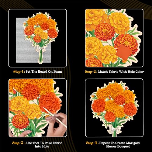Unwynd Poke Art Marigold Flower Bouquet Kit for Adults, Women and Teens | Hobby activity, brain puzzles, adult, 12 illustration sheets, 12 pages of stickers, 12 colour pages Rubbing Plates & Supplies - style: Marigold
