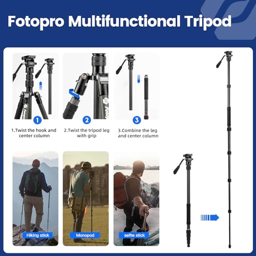 Fotopro 59" Carbon Fiber Travel Tripod, Compact Video Tripods with Fluid Head, Detachable Monopod with Quick Release Plate and Bag, Camera Tripod Load up to 8KG/17.63lbs - color: Black, size: 62" Video (Carbon Fiber)