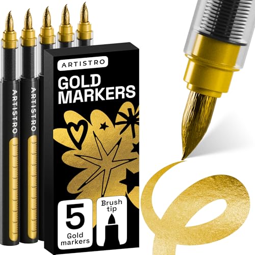 ARTISTRO 5 Gold Paint Pen for Rock, Glass, Ceramic, Wood, Tire, Fabric, Metal, Canvas, Marking, Painting - Set of 5 Acrylic Paint Markers Water-based - Brush Tip with Automatic Ink Control System - color: Gold