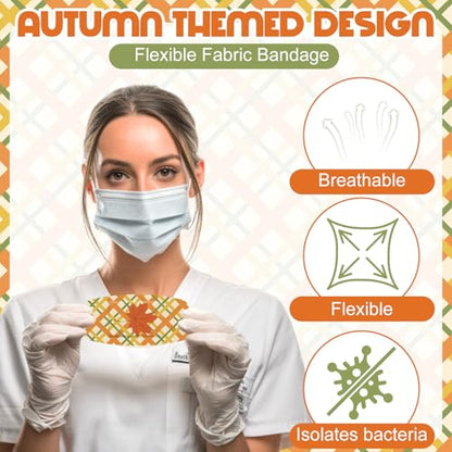 Geiserailie Large Flexible Fabric Bandages 2x4 Waterproof,Autumn | Cushioned Pad Protects Wounds and Cuts, Latex Free Bandages for Sensitive Skin, Stays Secure During Daily Activities - style: Autumn