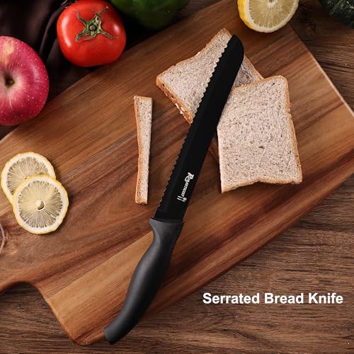 ROMANTICIST Knife Set, 10 Pieces Knife Block Set - Stainless Steel Kitchen Knives with Sharpener and Cheese Knife, Non-Slip Ergonomic Handles, Exquisite Knives Set - Stylish Black - color: Silver round knife block