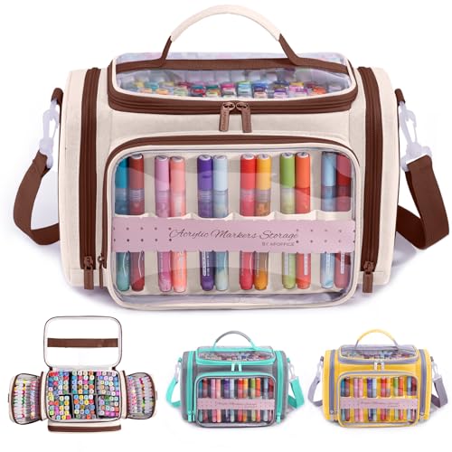 Marker Storage Organizer Case for 180–300 Markers – Large Marker Holder with Divider, Travel Carrying Case for Alcohol Markers, Pens, Colored Pencils, and Stationery – Portable Art Supply Bag - color: Cream