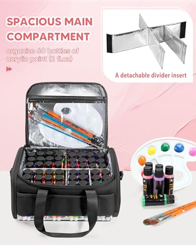 Marscamd Acrylic Paint Organizer Holds 60 Bottles (2 oz), Acrylic Paint Bag | with Tools Storage Sections & Crossbody Strap, Water-repellent fabric, Aluminum-lining, Black - color: Black
